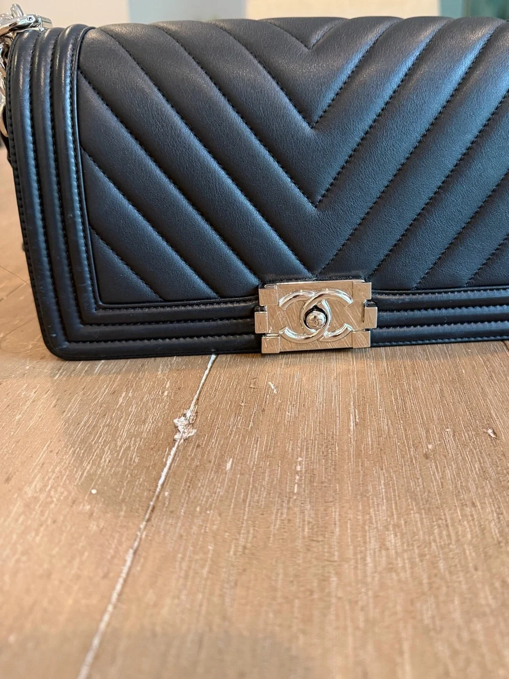 CHANEL Black Chevron Quilted Le Boy Bag with rare Silver-Tone Hardware